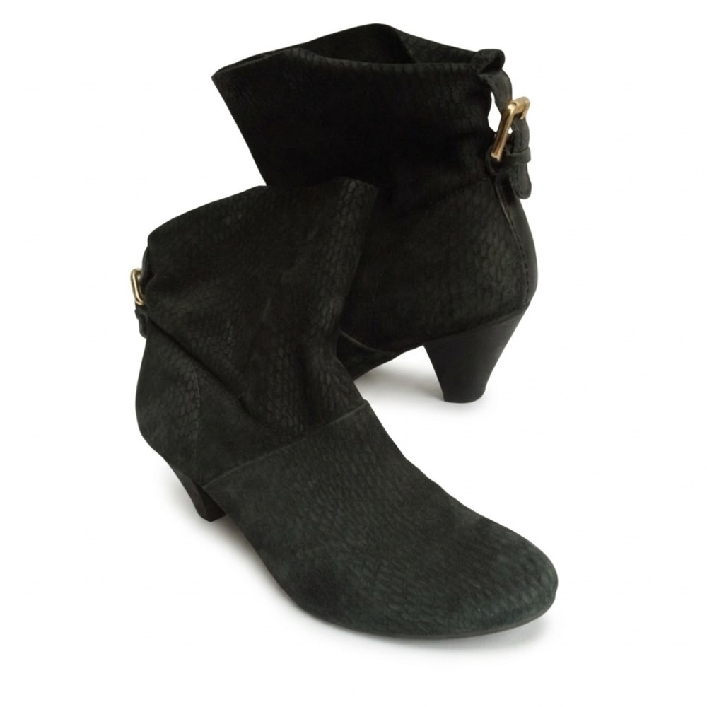 Cynthia Vincent Black Suede Ankle Boots with Gold Buckle